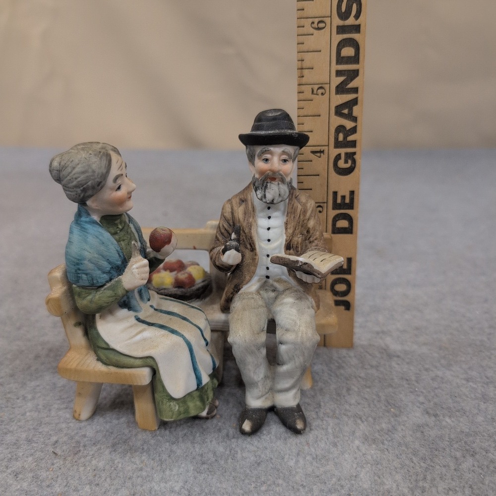 Vintage Hand Painted Porcelain Elderly Couple on Bench Figurine Matte Finish - Picture 4 of 5
